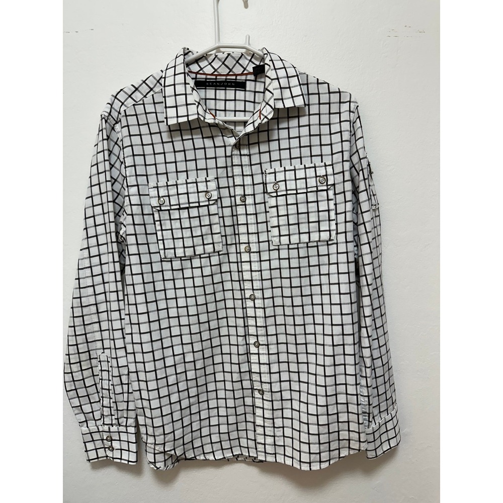 Sean John Mens Shirt White Plaid‎ Long Sleeve Button Up Casual Pockets, Size  L